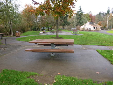 Hard surface paths and under picnic tables – garbage cans – covered shelter – restrooms – lawn